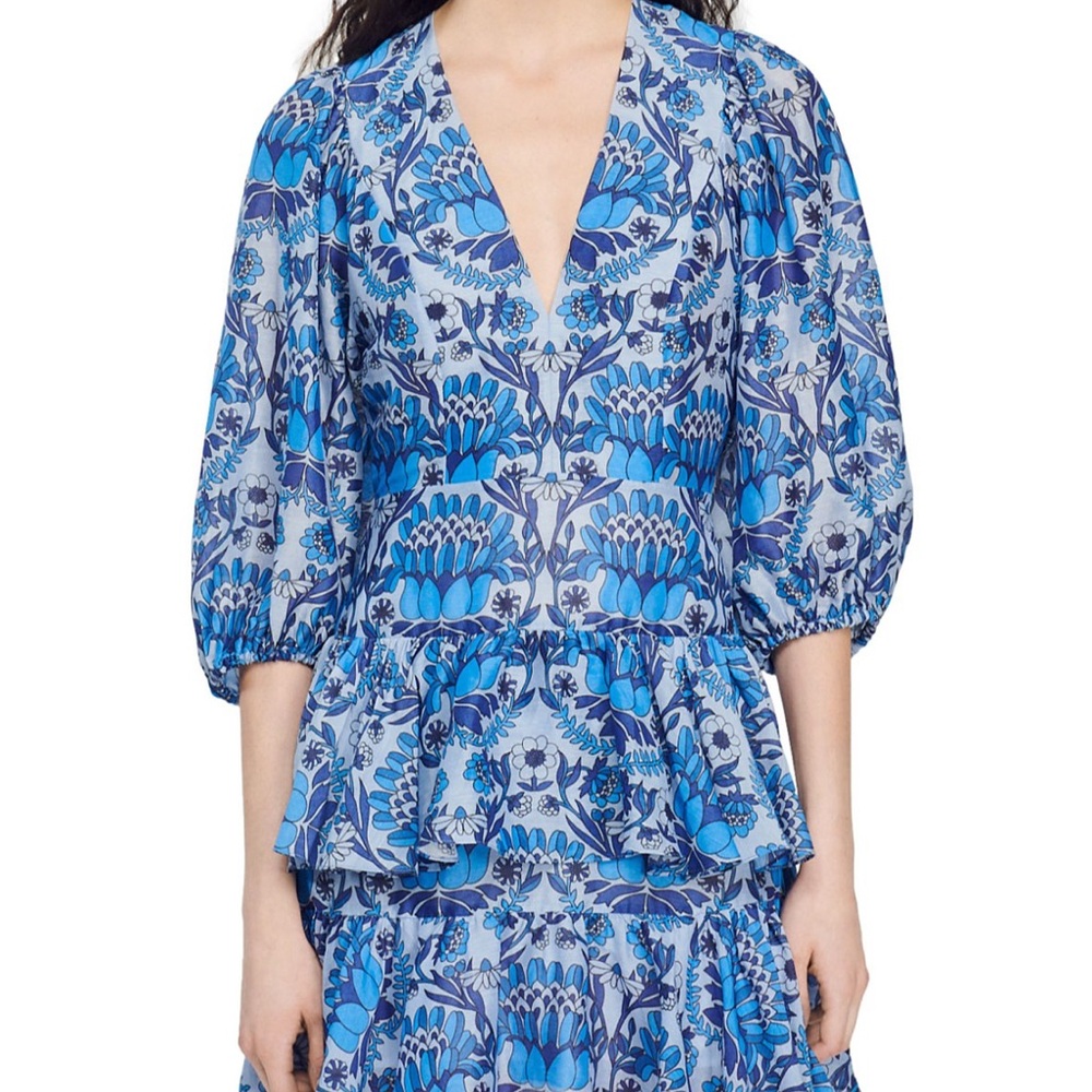 Sandro Eyana Dress Blue Short Dress Floral Spring Ruffle